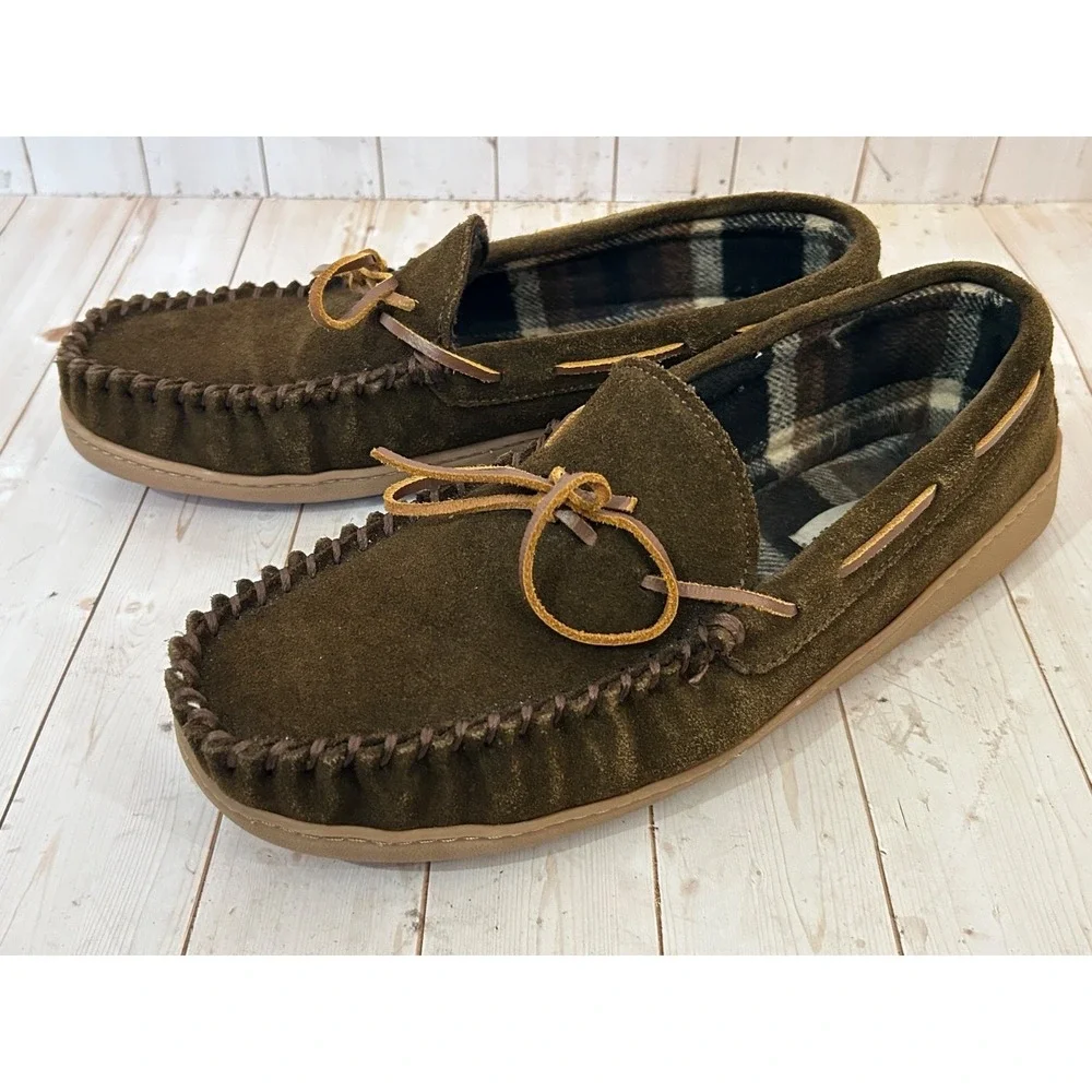 Minnetonka Mens Solid Plaid 41322  Brown Flat Slip On Moccasin Slipper Size 12M